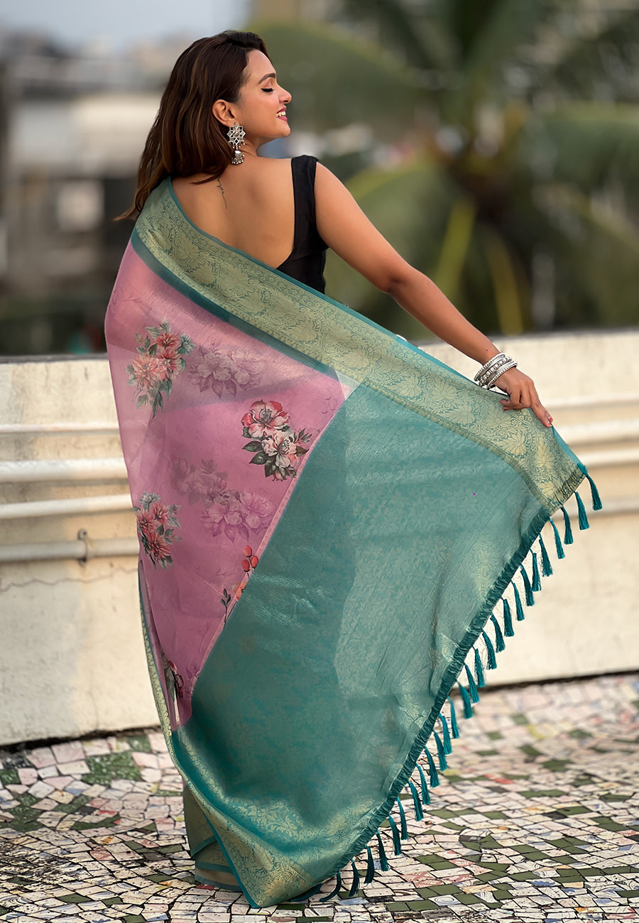 Baby pink tissue crush silk floral printed saree with zari woven border
