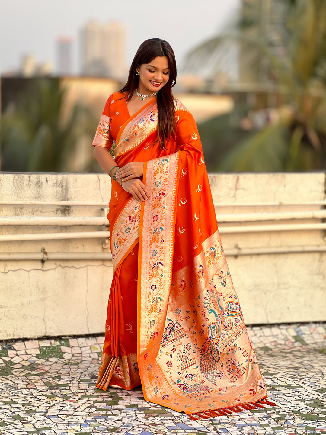 Orange chandrakor paithani silk banarasi zari woven saree