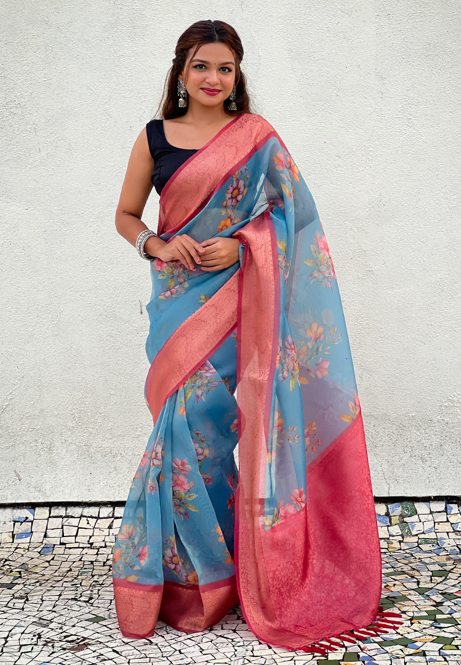 Blue tissue crush silk floral printed saree with zari woven border