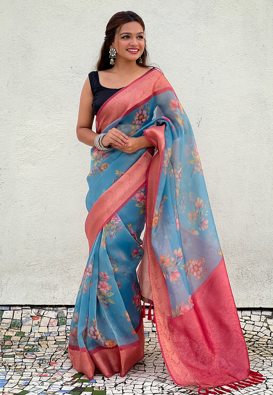 Blue tissue crush silk floral printed saree with zari woven border