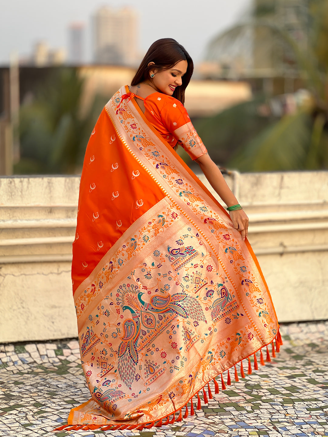 Orange chandrakor paithani silk banarasi zari woven saree