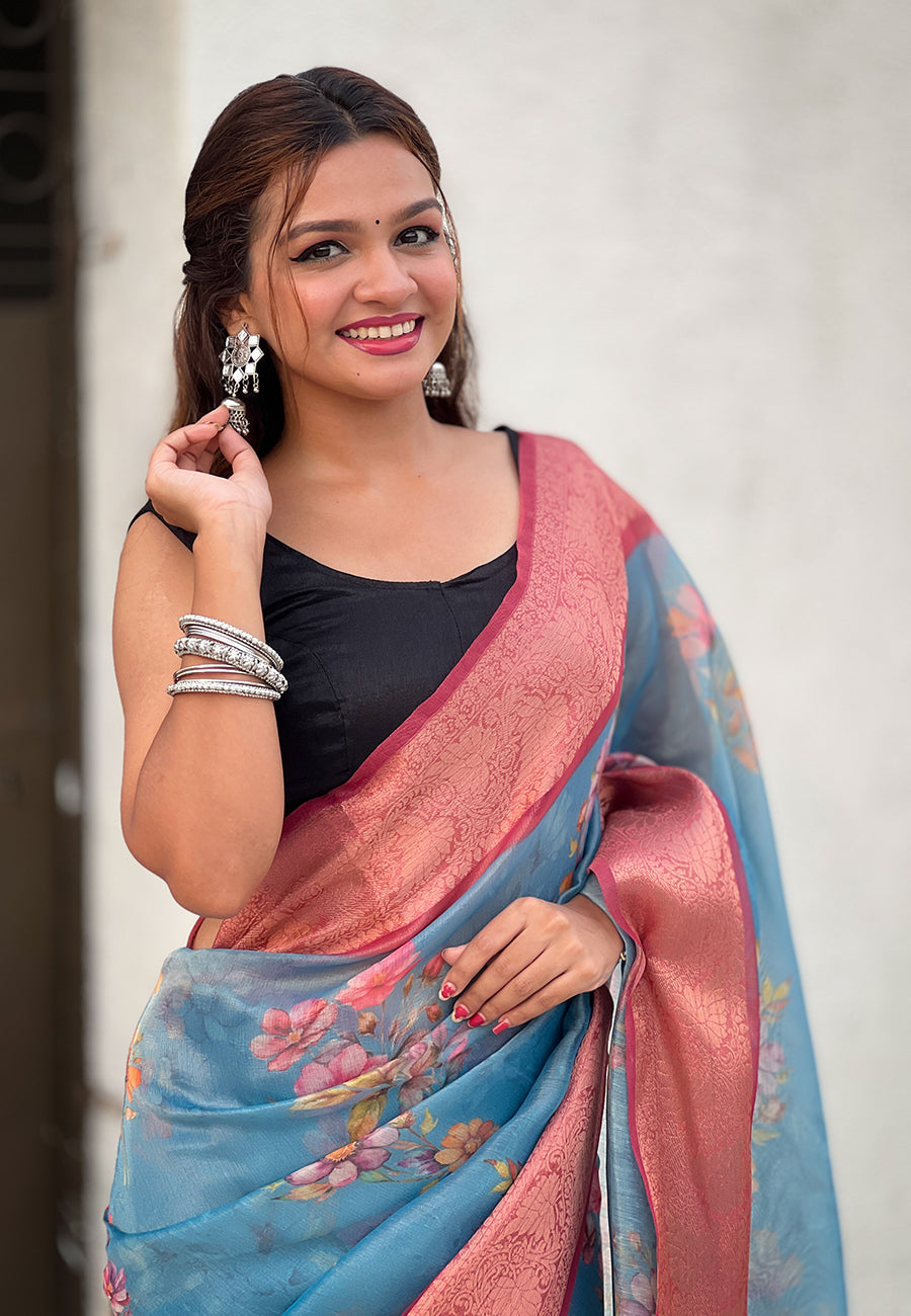 Blue tissue crush silk floral printed saree with zari woven border