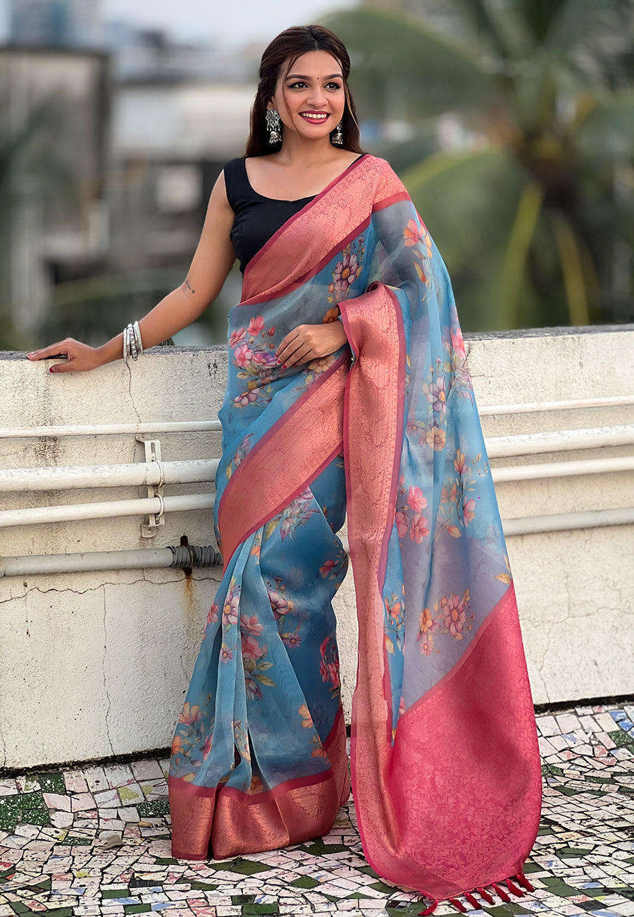 Blue tissue crush silk floral printed saree with zari woven border