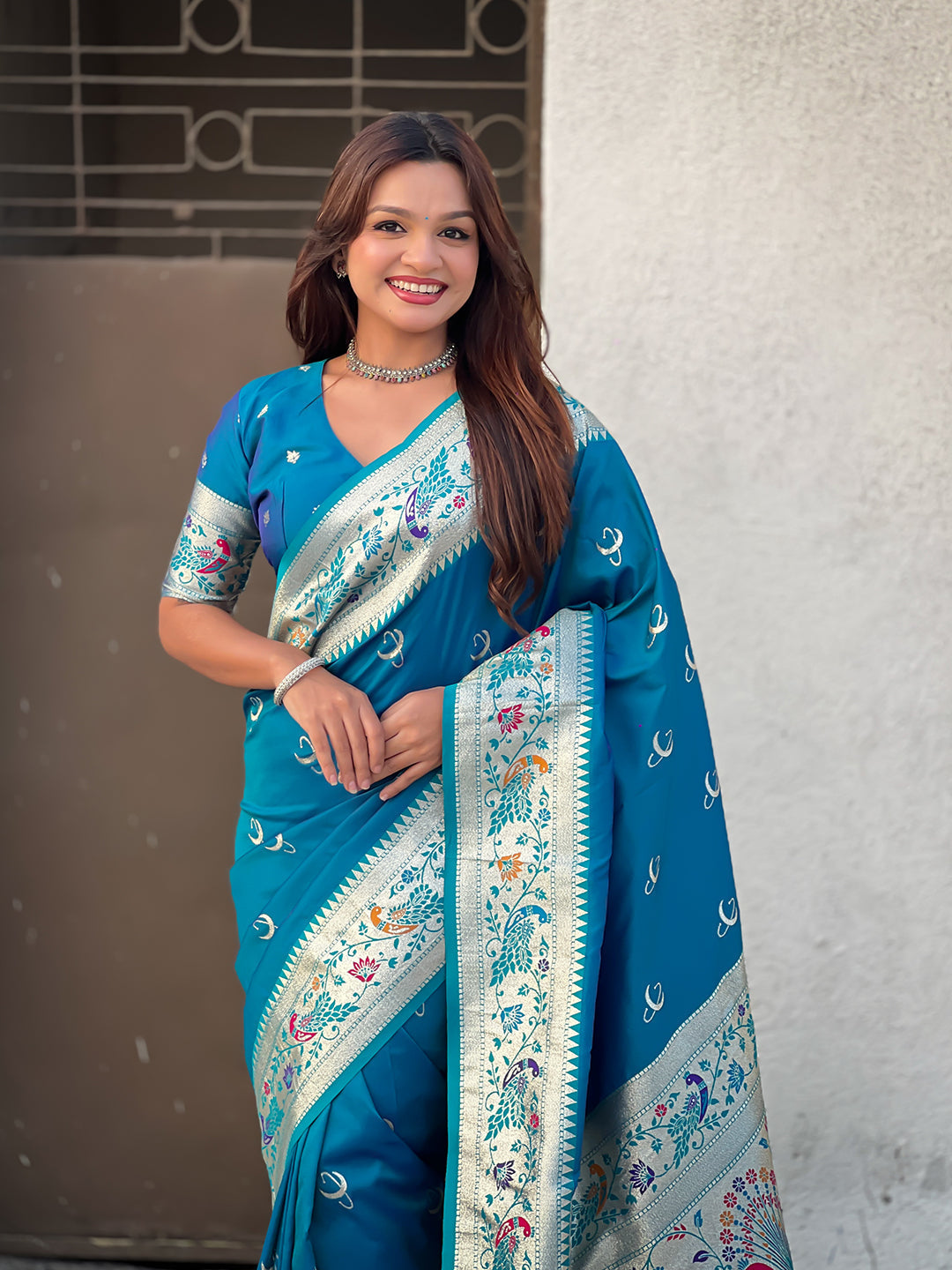 Denim blue chandrakor paithani silk banarasi zari woven saree