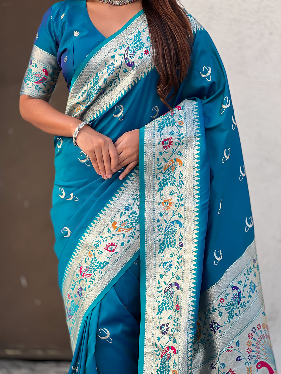 Denim blue chandrakor paithani silk banarasi zari woven saree