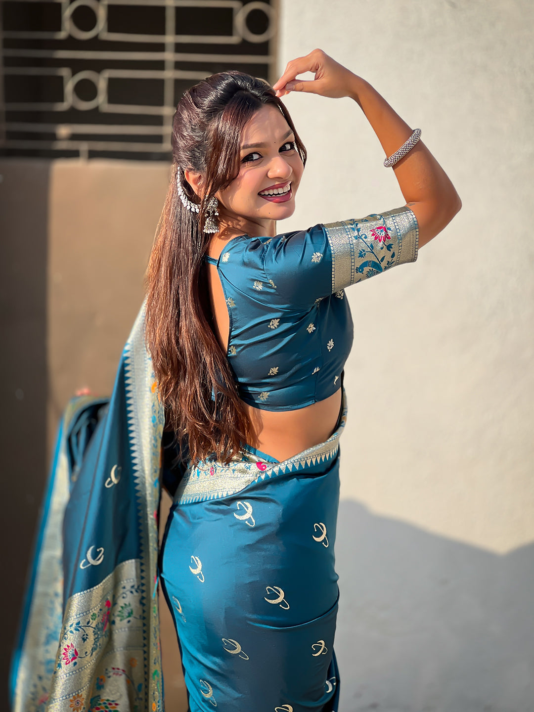 Denim blue chandrakor paithani silk banarasi zari woven saree