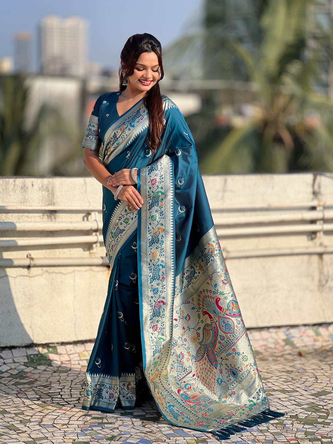 Denim blue chandrakor paithani silk banarasi zari woven saree