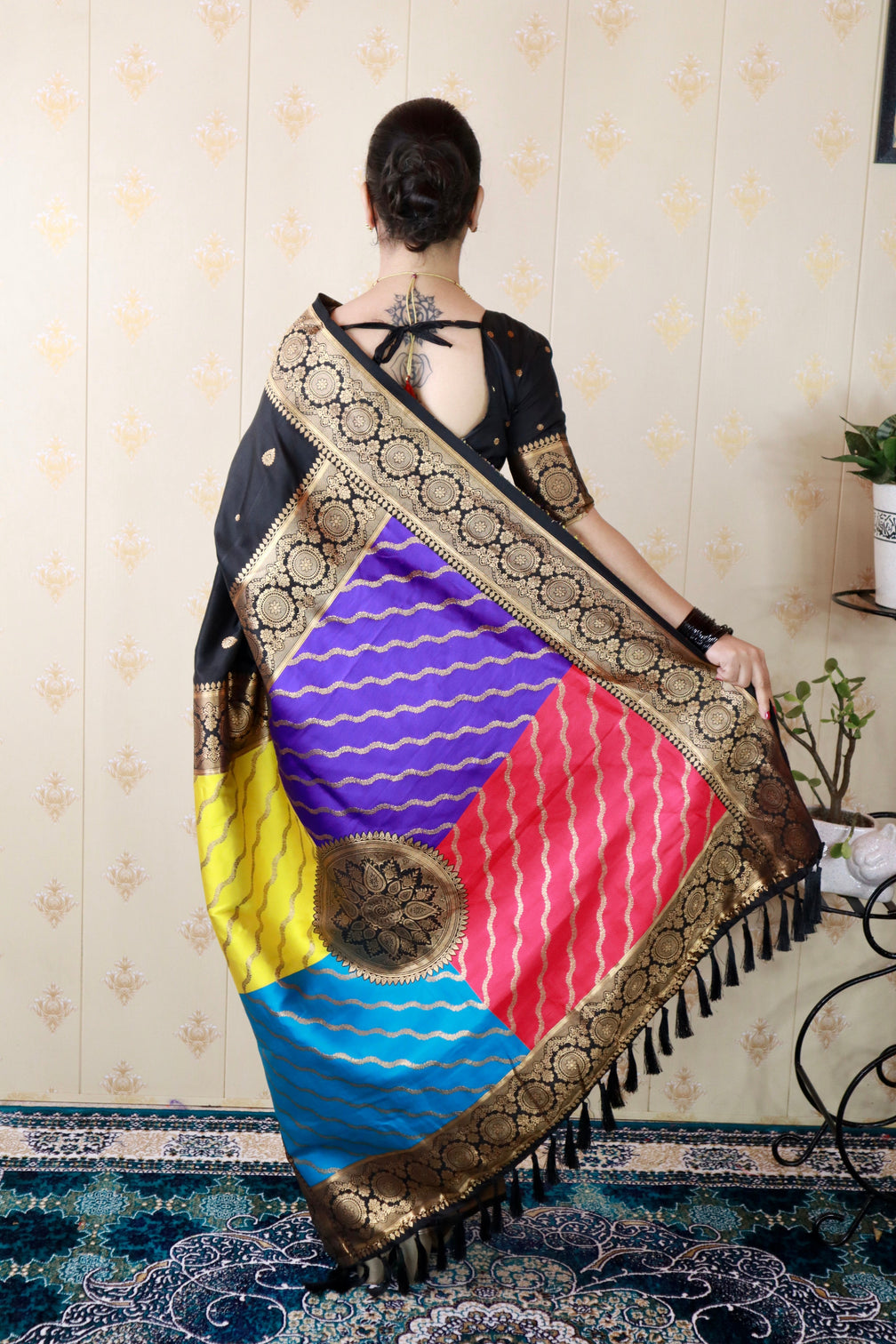 Black soft silk banarasi multicolor pallu zari woven saree