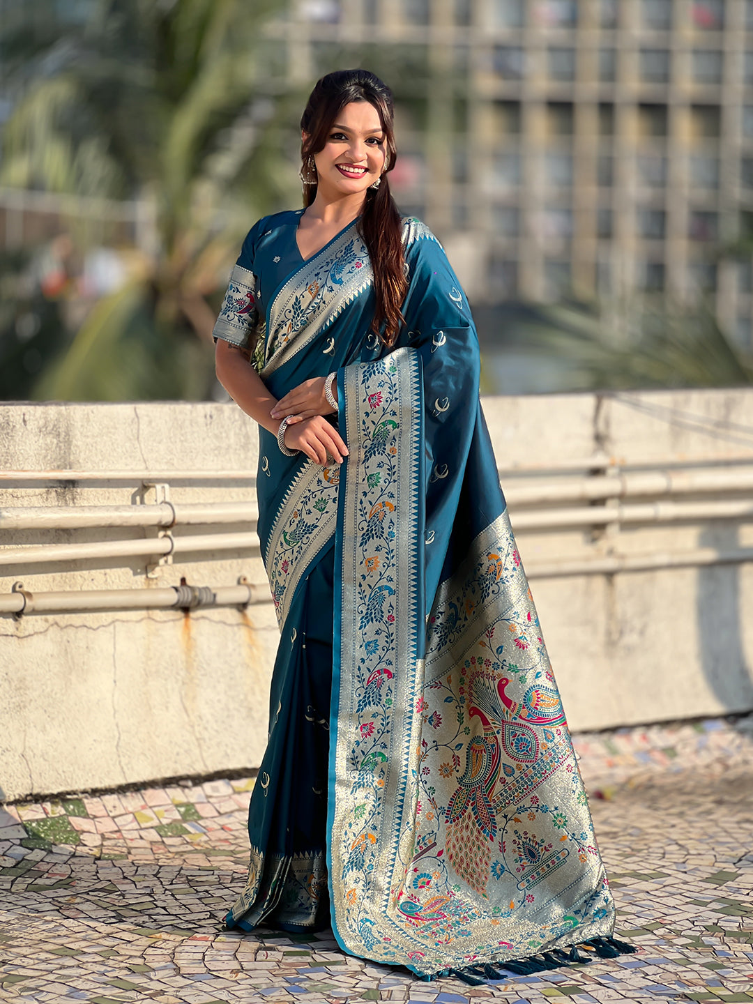 Denim blue chandrakor paithani silk banarasi zari woven saree