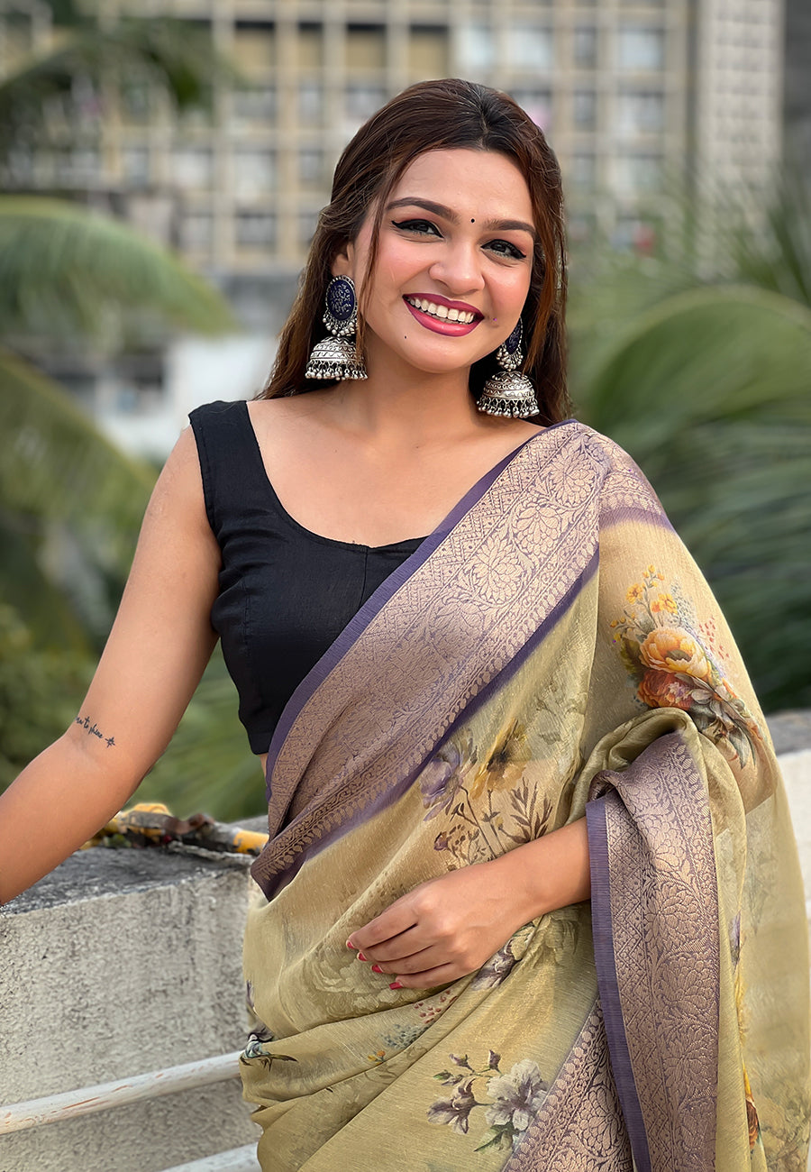 Green tissue crush silk floral printed saree with zari woven border
