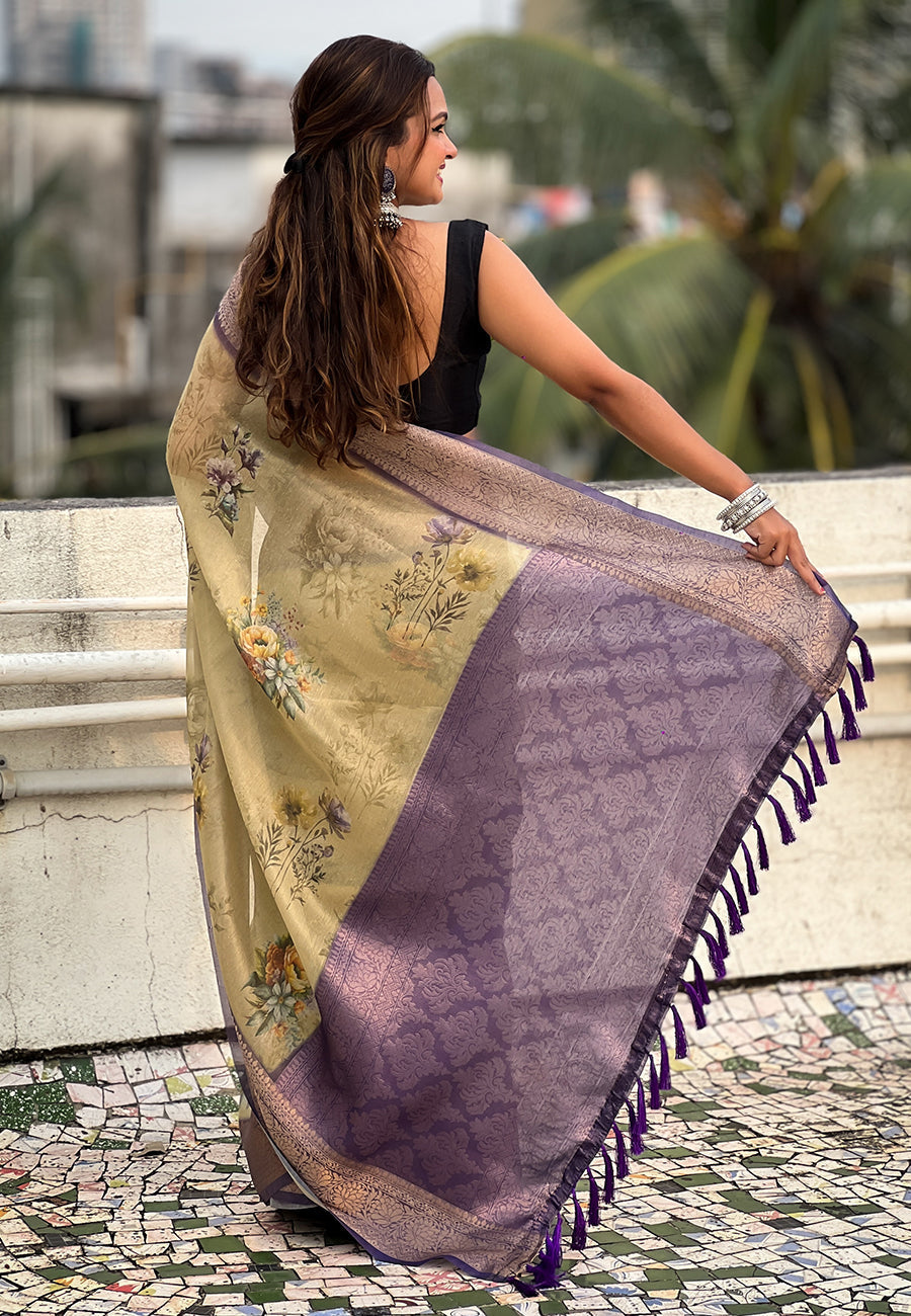 Green tissue crush silk floral printed saree with zari woven border