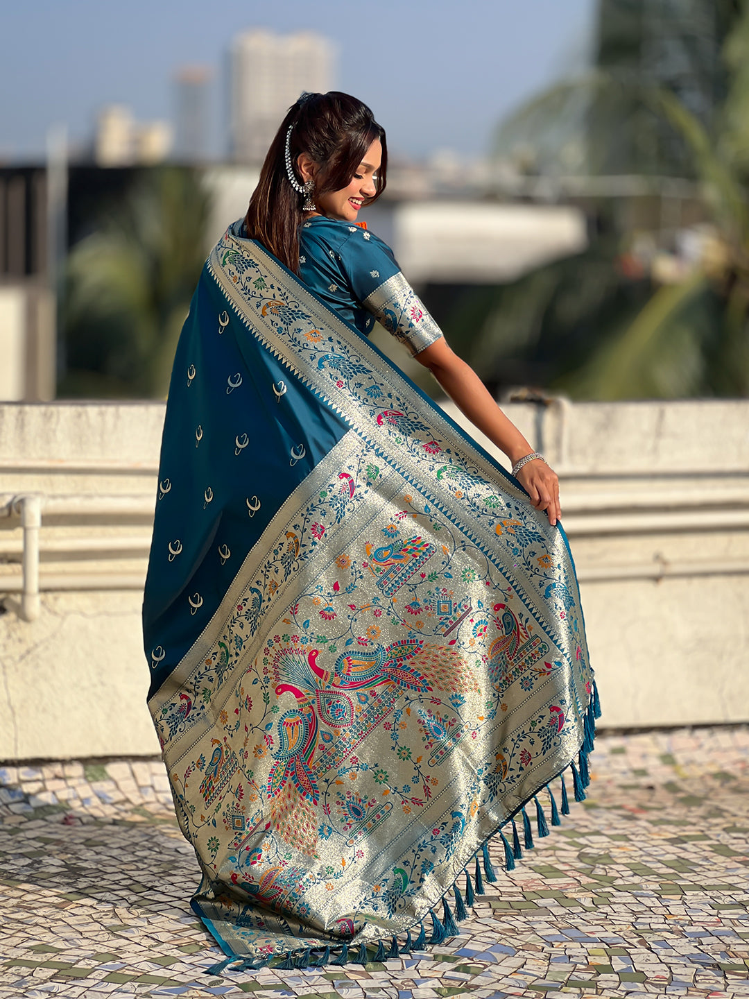 Denim blue chandrakor paithani silk banarasi zari woven saree