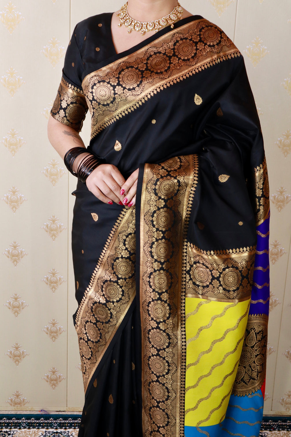 Black soft silk banarasi multicolor pallu zari woven saree