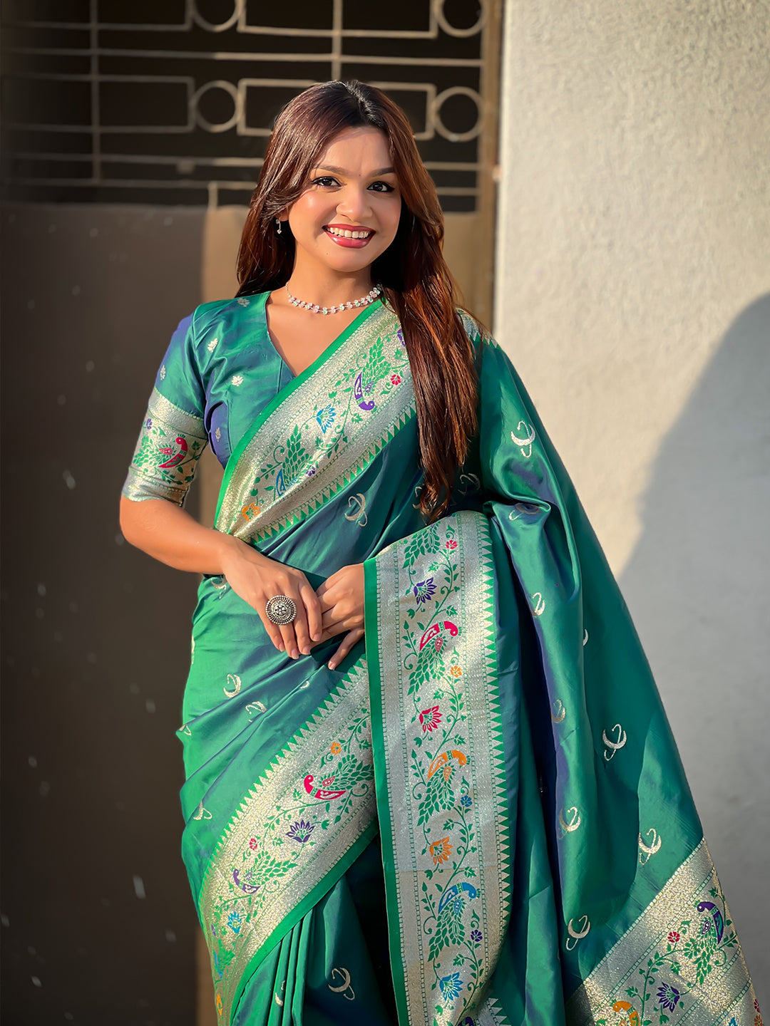 Green chandrakor paithani silk banarasi zari woven saree