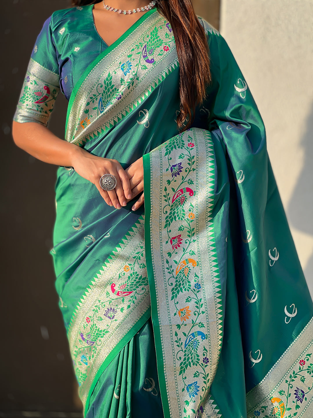 Green chandrakor paithani silk banarasi zari woven saree