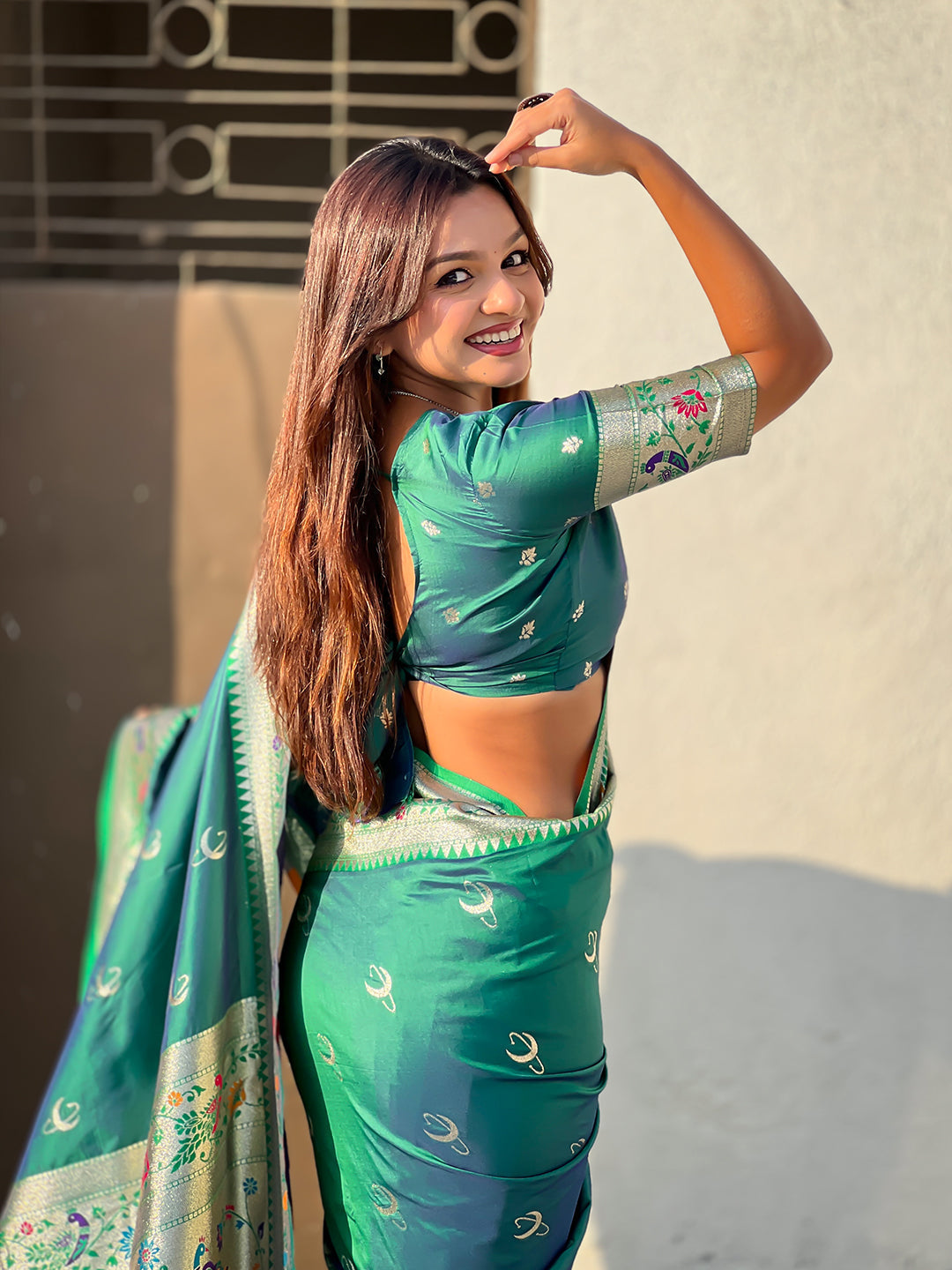Green chandrakor paithani silk banarasi zari woven saree