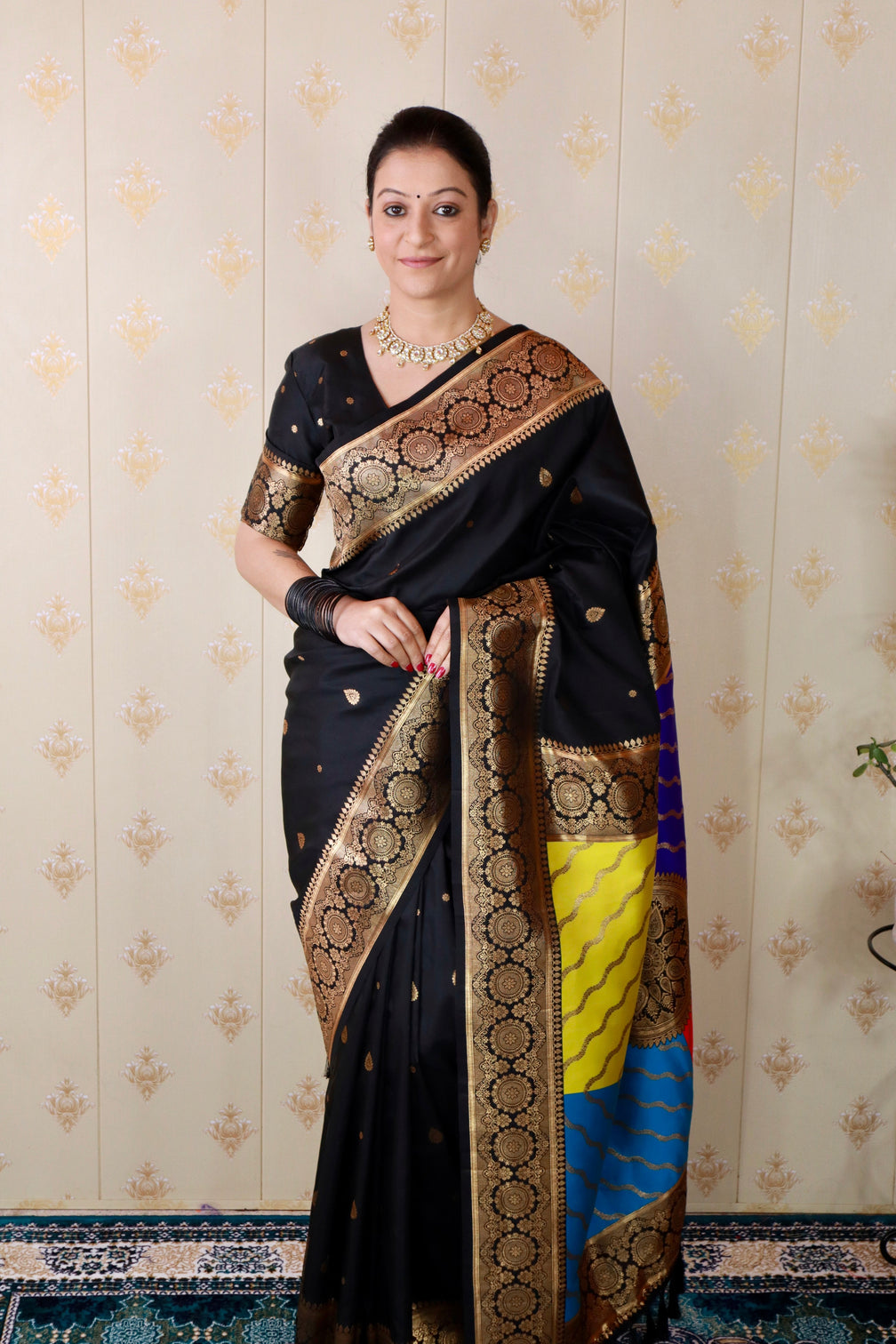 Black soft silk banarasi multicolor pallu zari woven saree