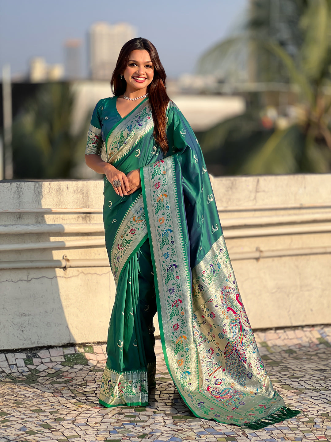 Green chandrakor paithani silk banarasi zari woven saree