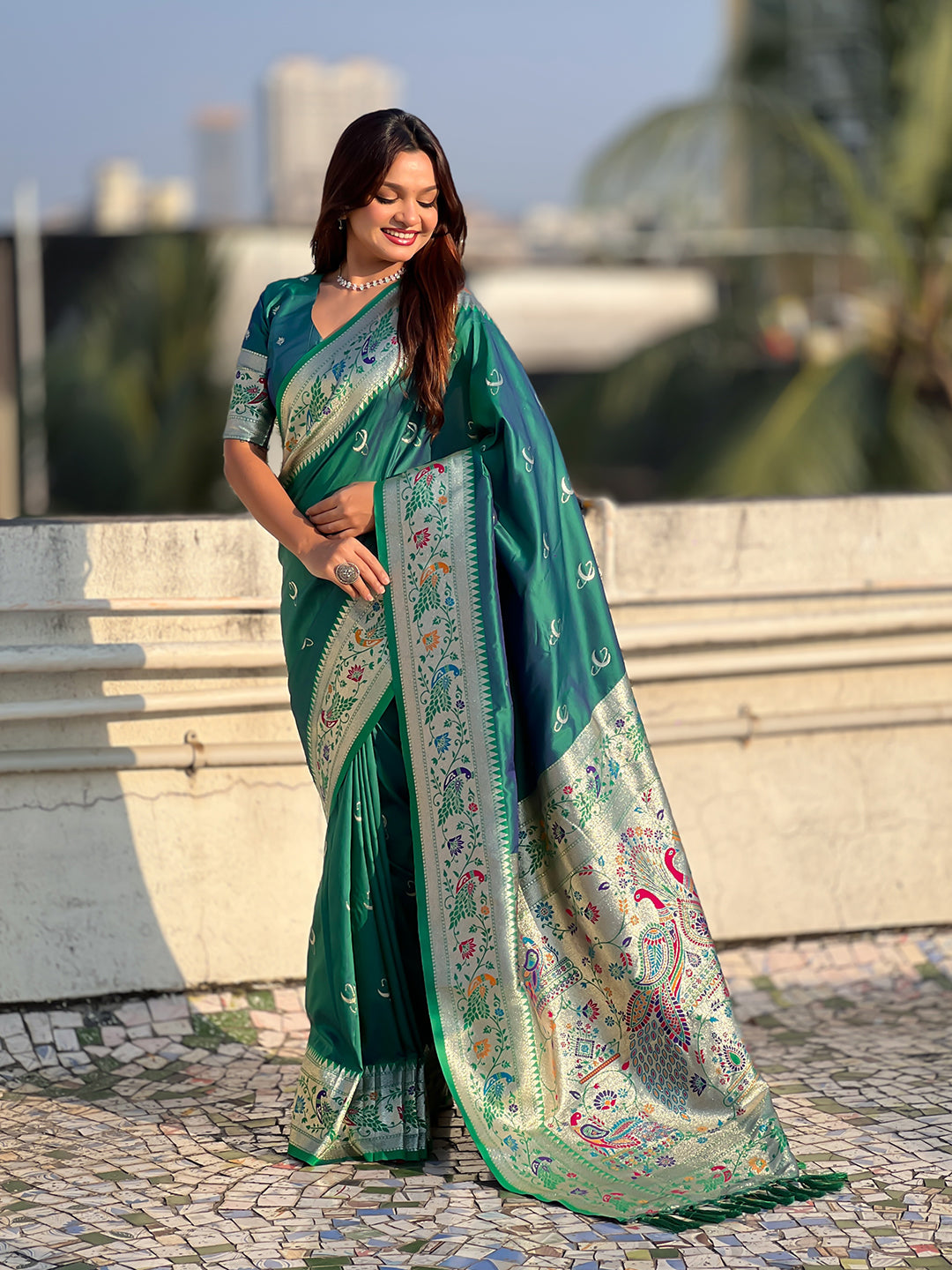 Green chandrakor paithani silk banarasi zari woven saree