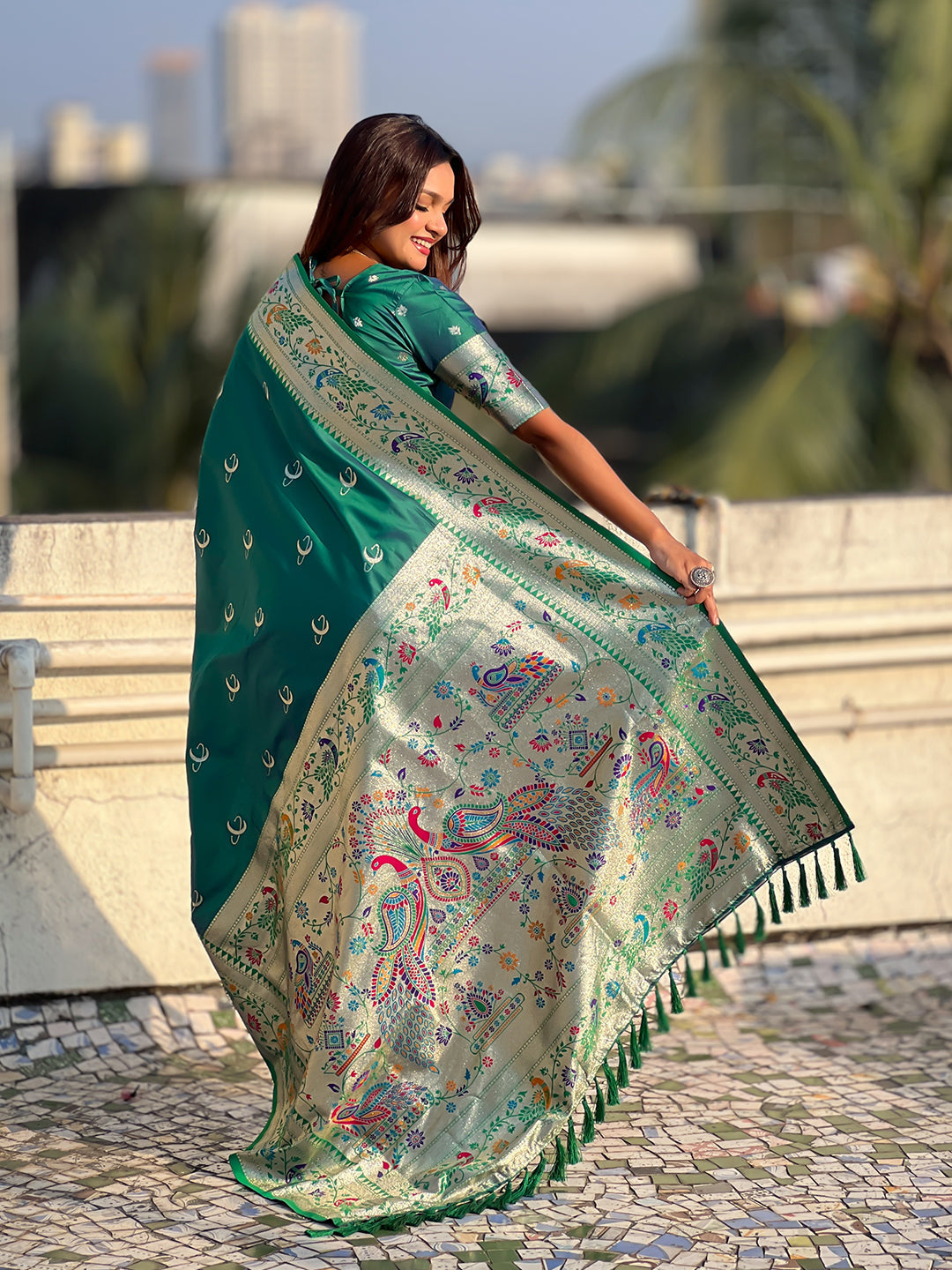 Green chandrakor paithani silk banarasi zari woven saree
