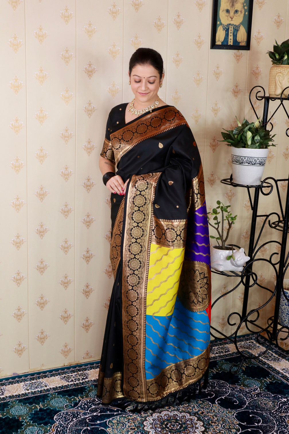 Black soft silk banarasi multicolor pallu zari woven saree