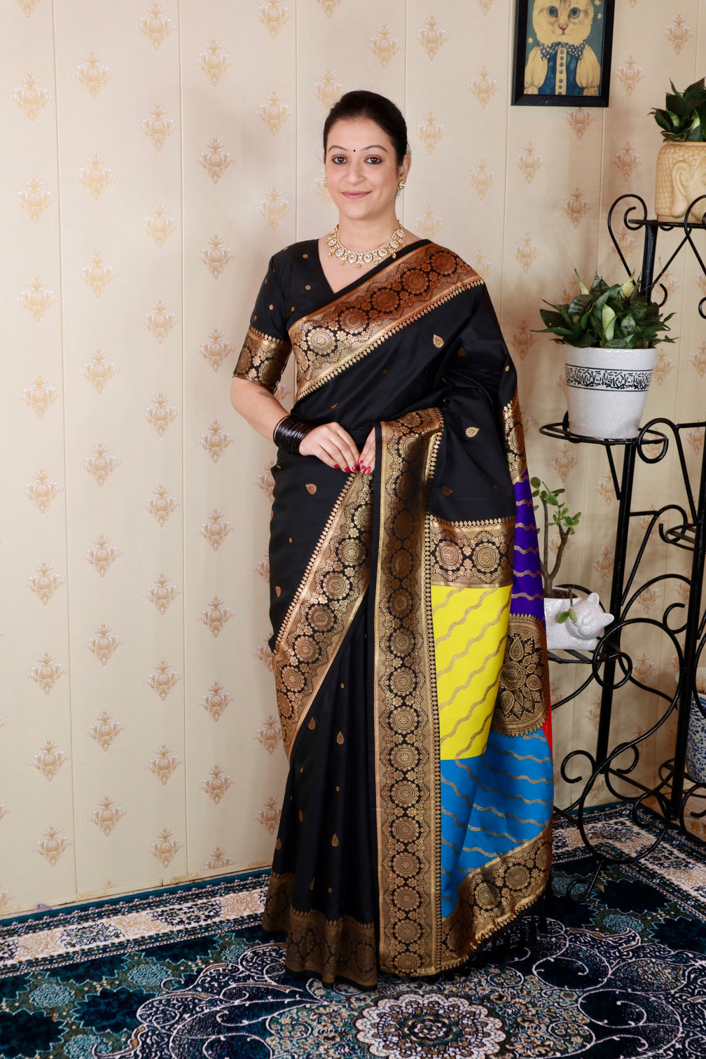Black soft silk banarasi multicolor pallu zari woven saree