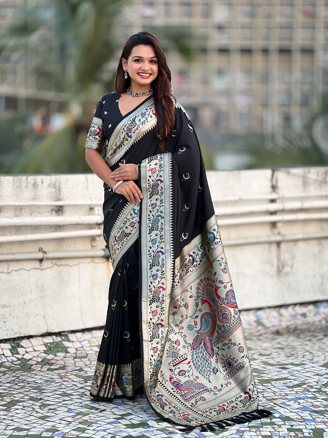 Black chandrakor paithani silk banarasi zari woven saree