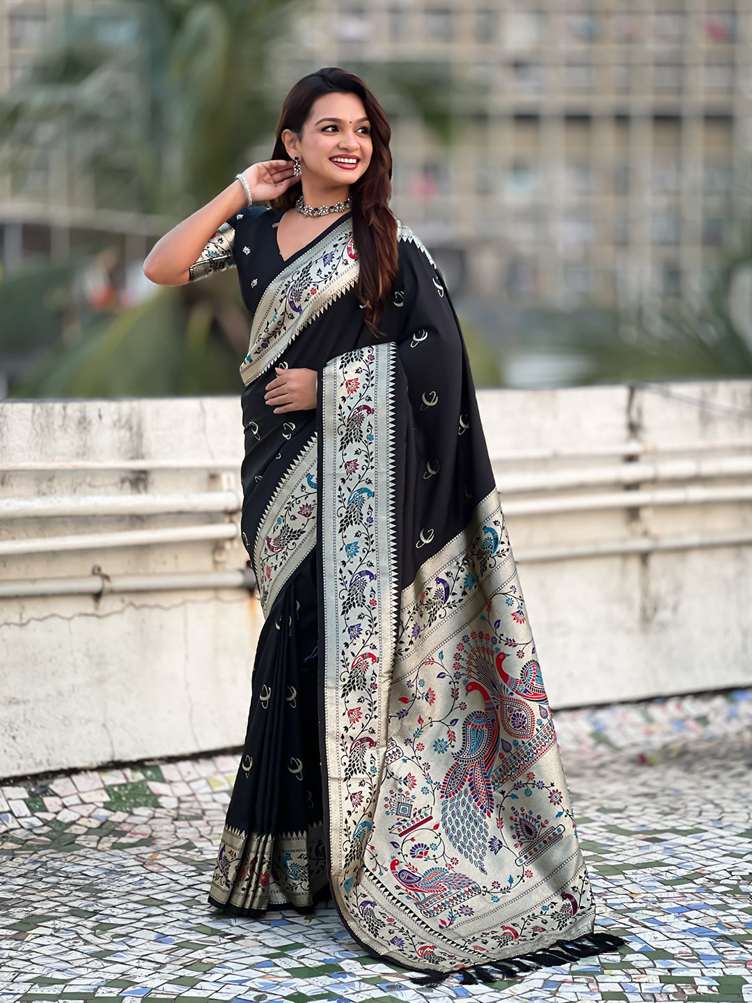 Black chandrakor paithani silk banarasi zari woven saree