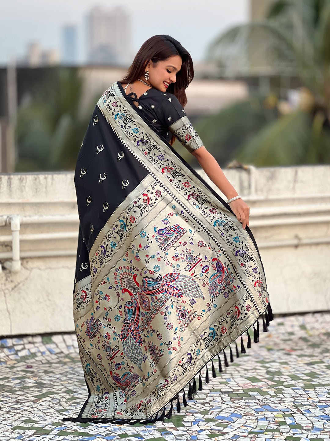 Black chandrakor paithani silk banarasi zari woven saree