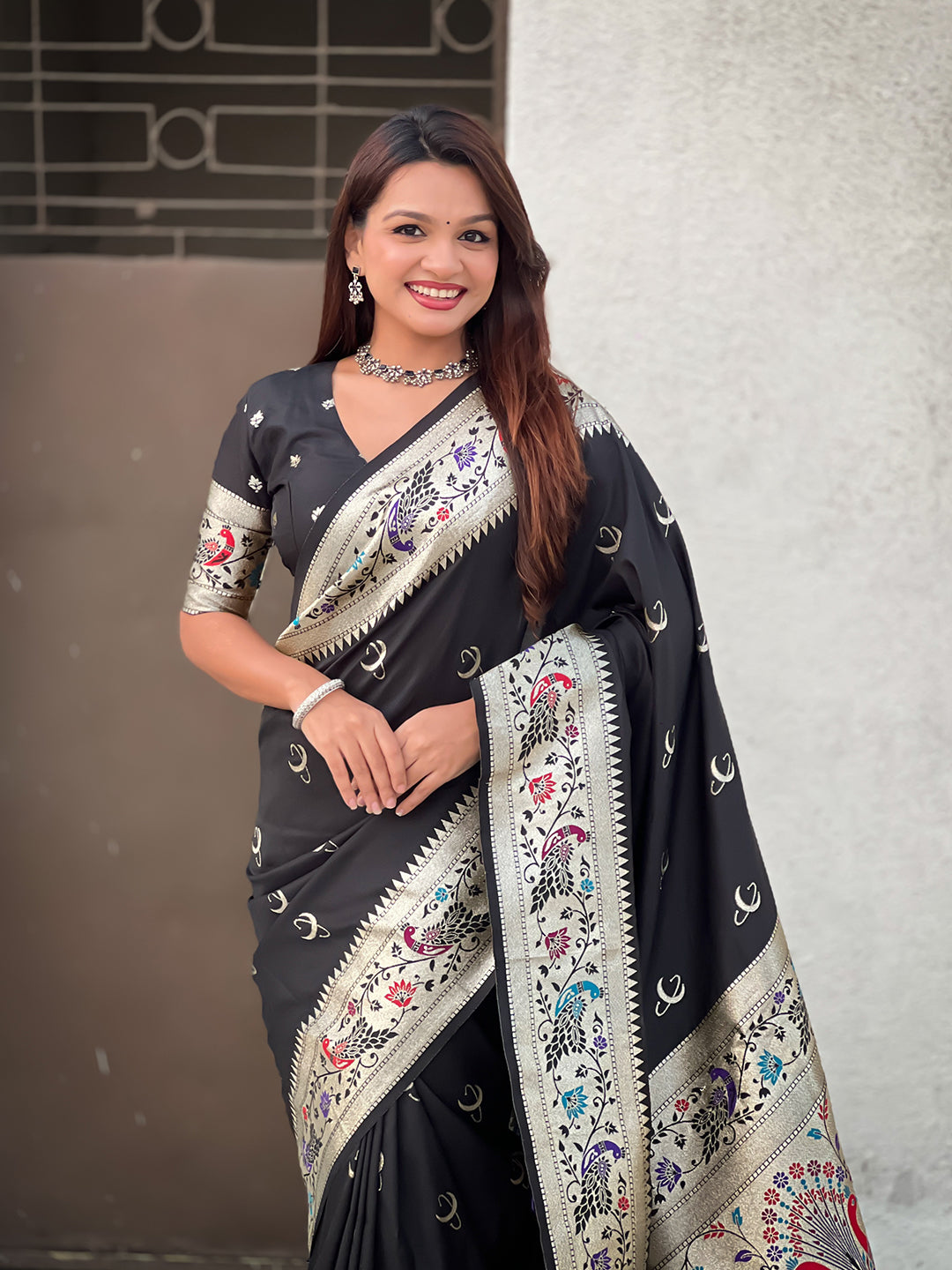 Black chandrakor paithani silk banarasi zari woven saree
