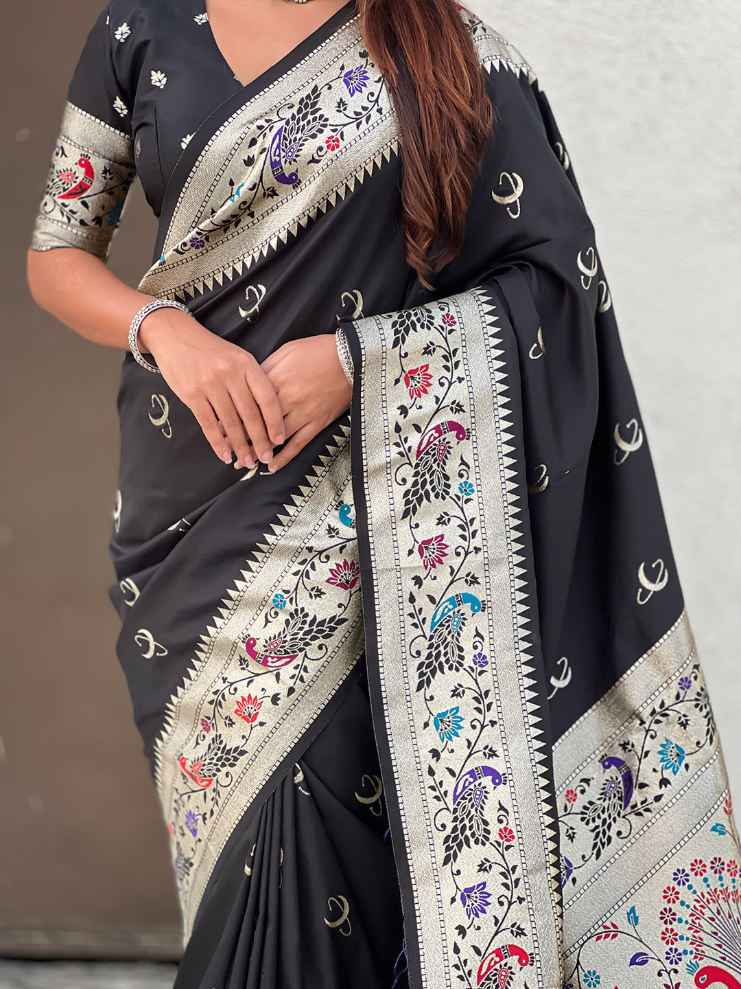 Black chandrakor paithani silk banarasi zari woven saree