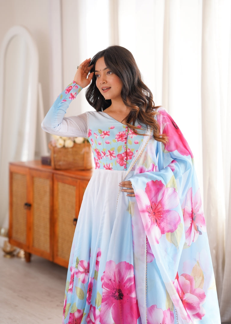 Sky Blue Floral Print Organza Silk Anarkali