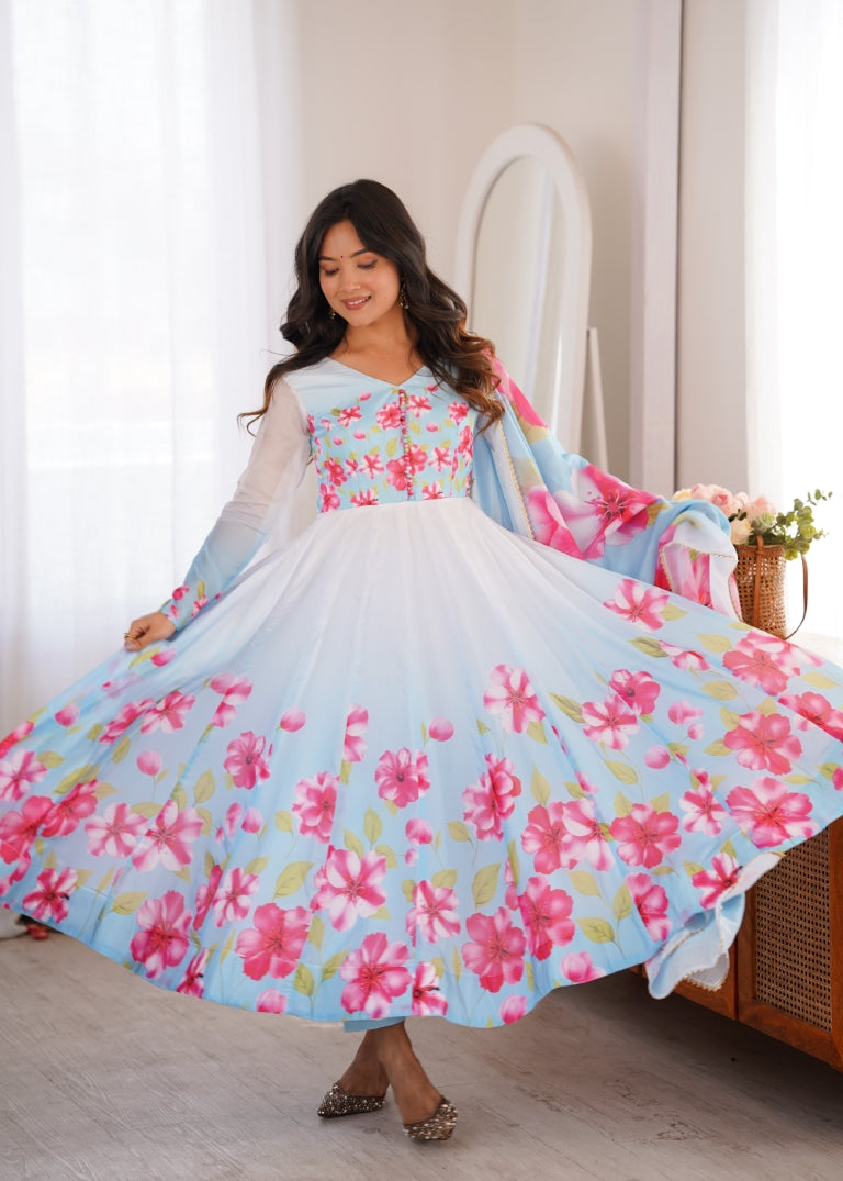 Sky Blue Floral Print Organza Silk Anarkali