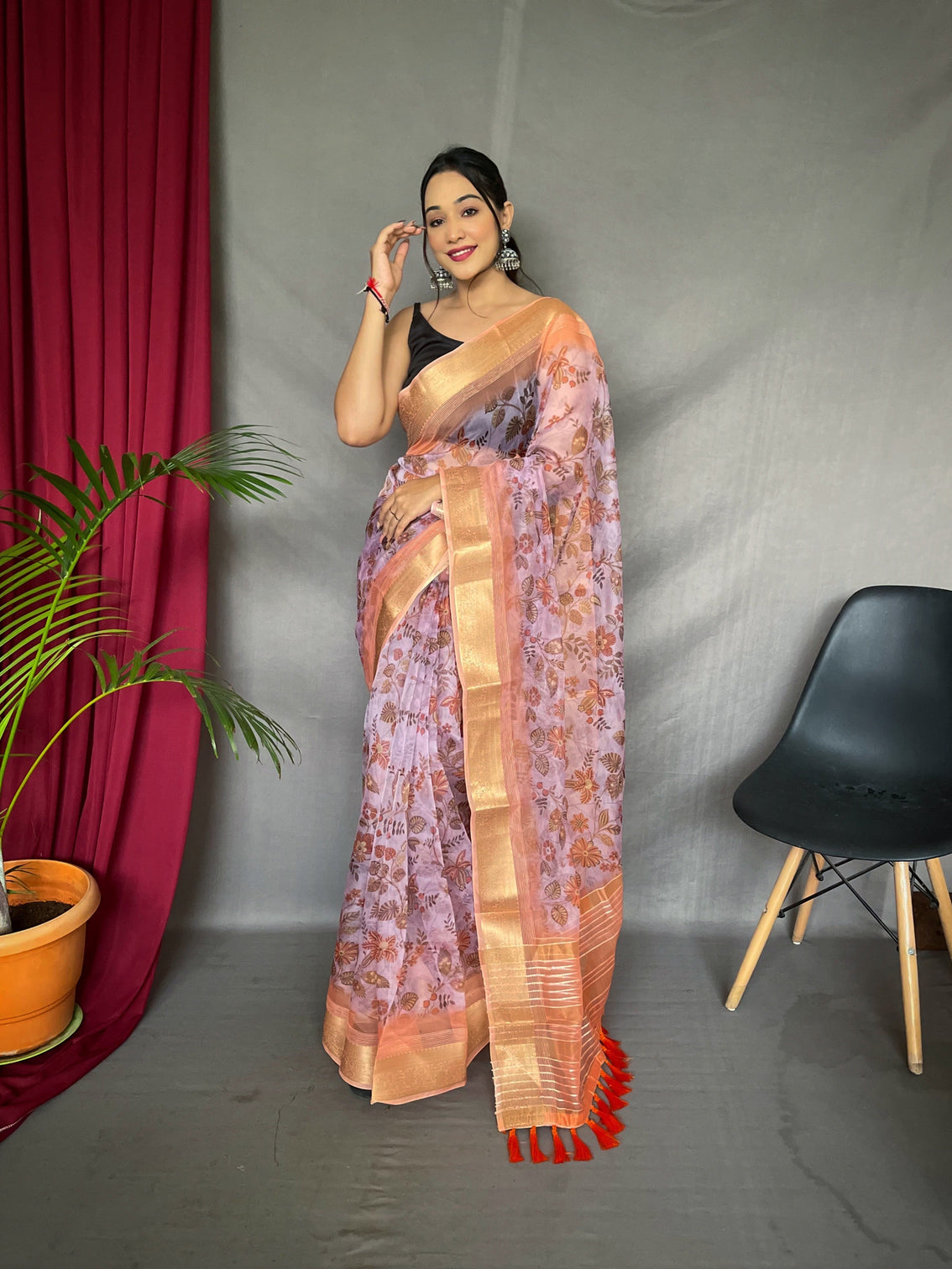 Pinkish Purple Saree in Organza Floral Printed with Sequins Jacquard