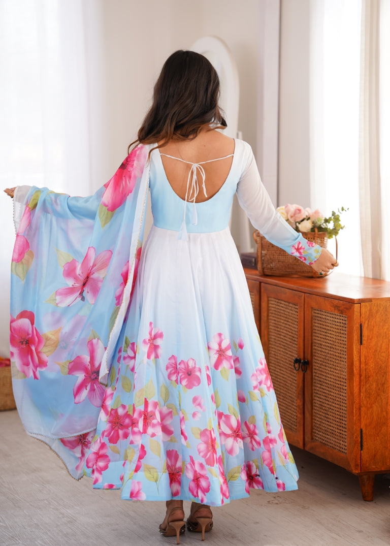 Sky Blue Floral Print Organza Silk Anarkali