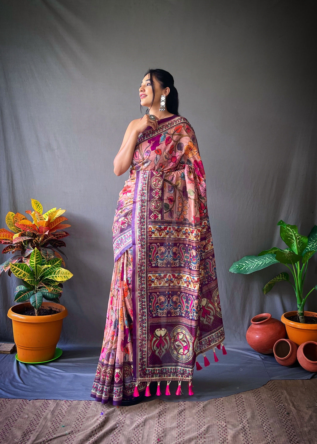 Peachy Pink Saree in Cotton Kalamkari Print