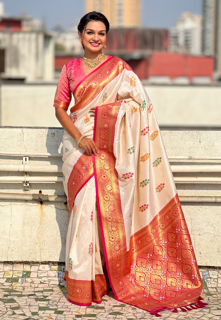 Cream soft silk saree with flower butta meenakari zari woven saree