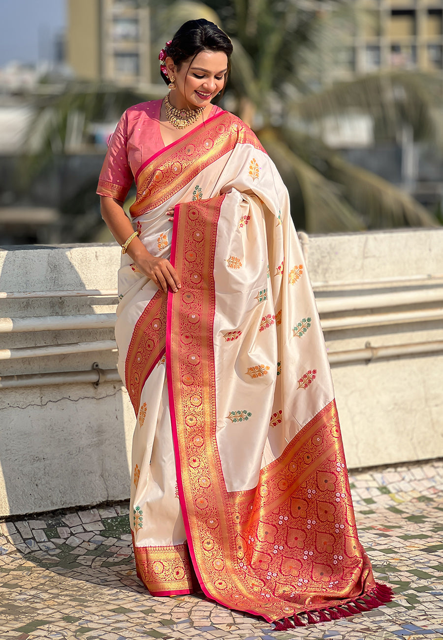 Cream soft silk saree with flower butta meenakari zari woven saree