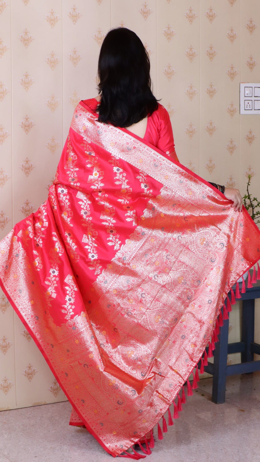 Pink soft silk banarasi jaal meenakari zari woven saree