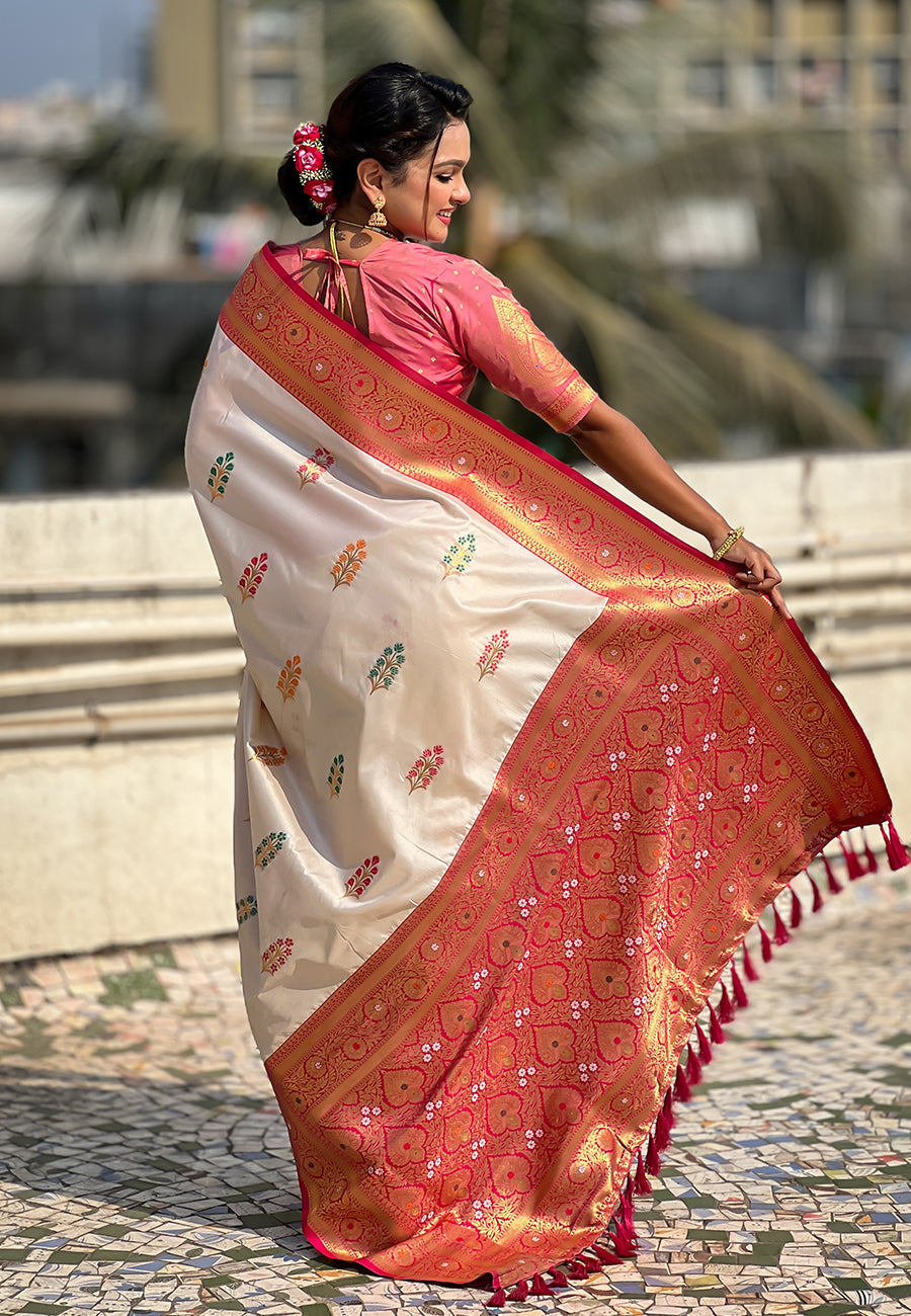Cream soft silk saree with flower butta meenakari zari woven saree