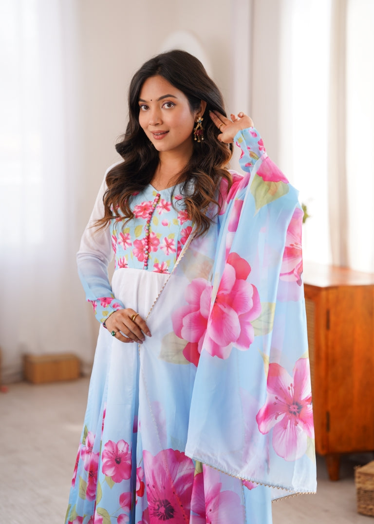 Sky Blue Floral Print Organza Silk Anarkali