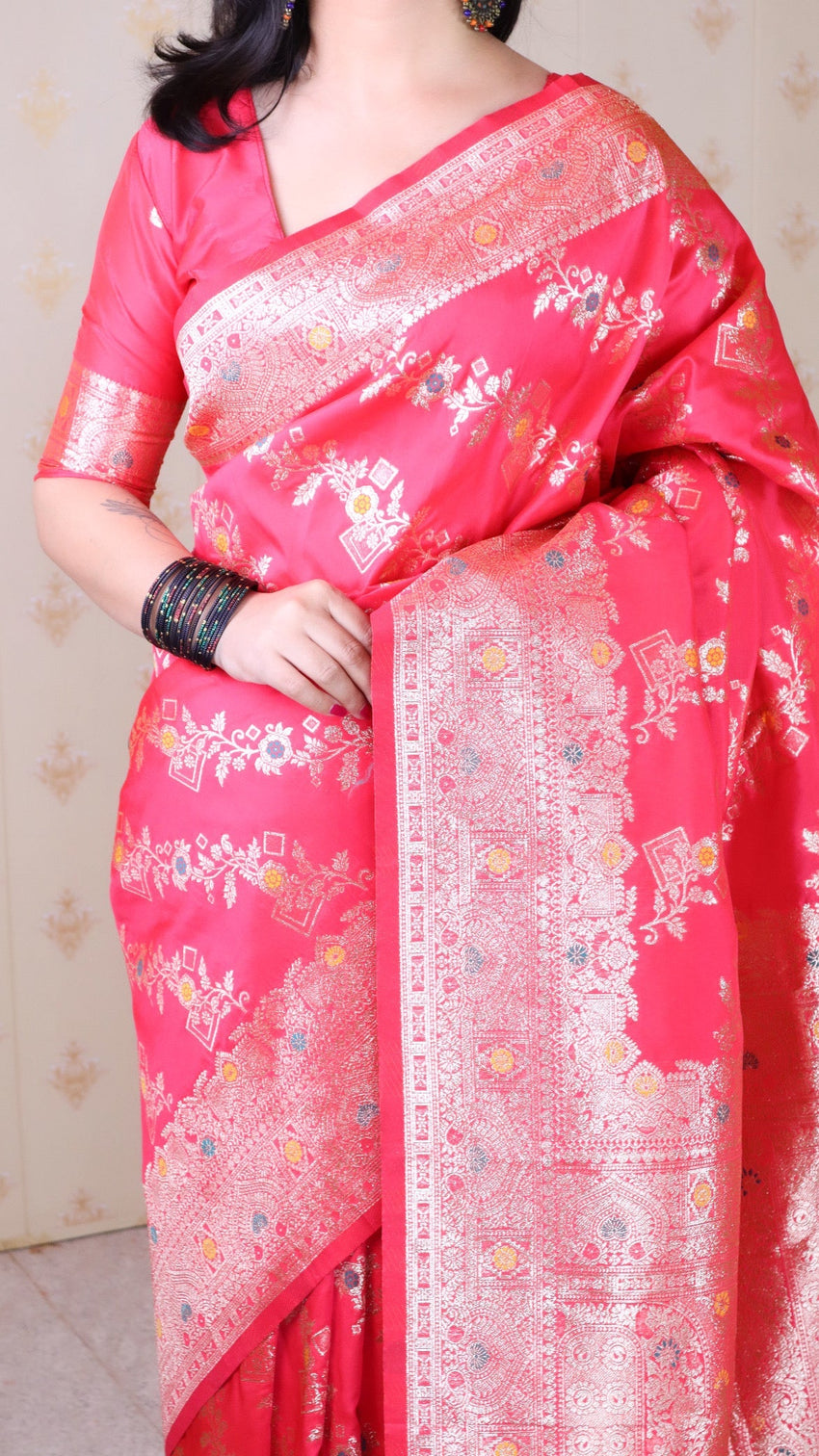 Pink soft silk banarasi jaal meenakari zari woven saree