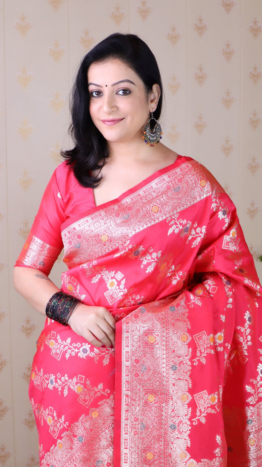 Pink soft silk banarasi jaal meenakari zari woven saree
