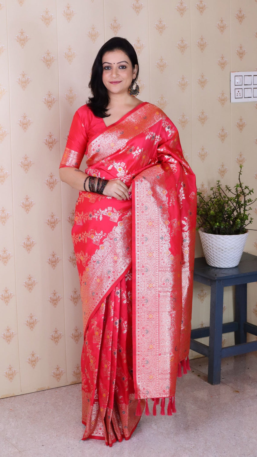 Pink soft silk banarasi jaal meenakari zari woven saree