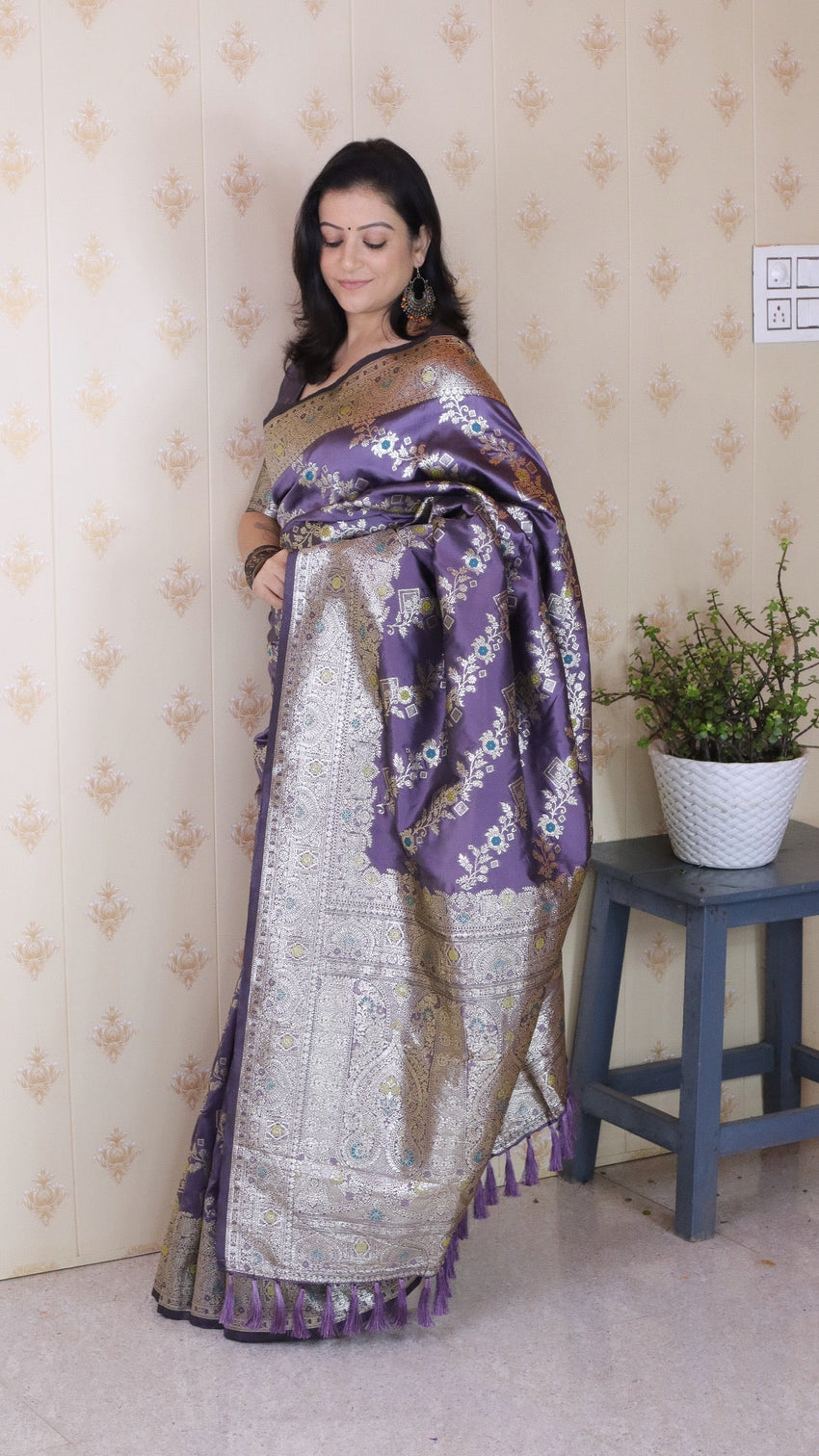 Lavender soft silk banarasi jaal meenakari zari woven saree