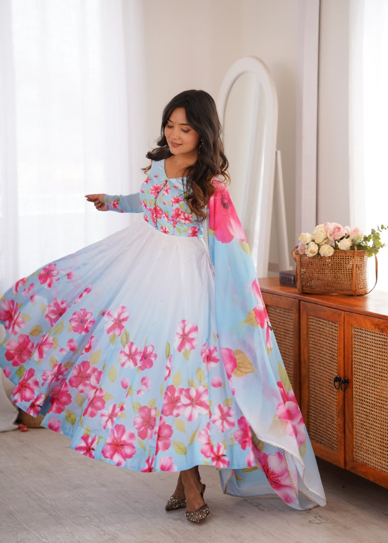 Sky Blue Floral Print Organza Silk Anarkali