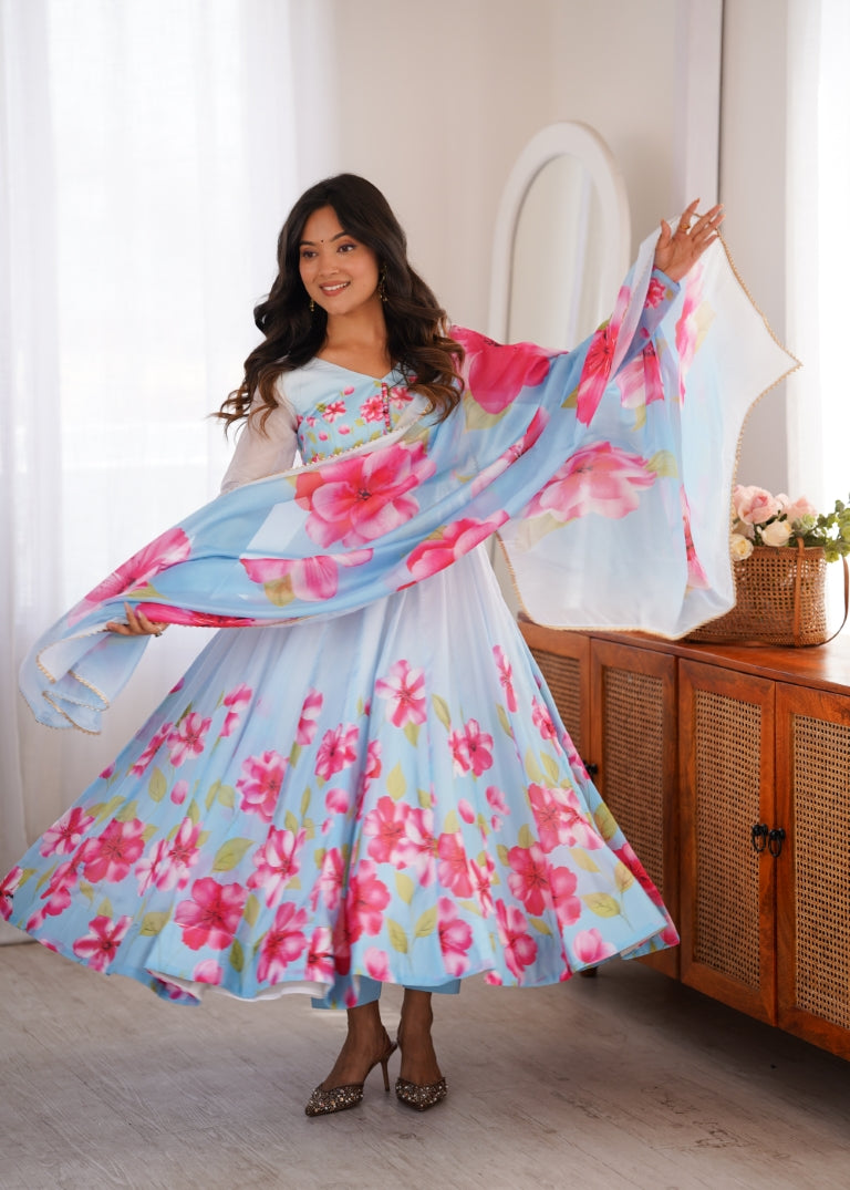 Sky Blue Floral Print Organza Silk Anarkali