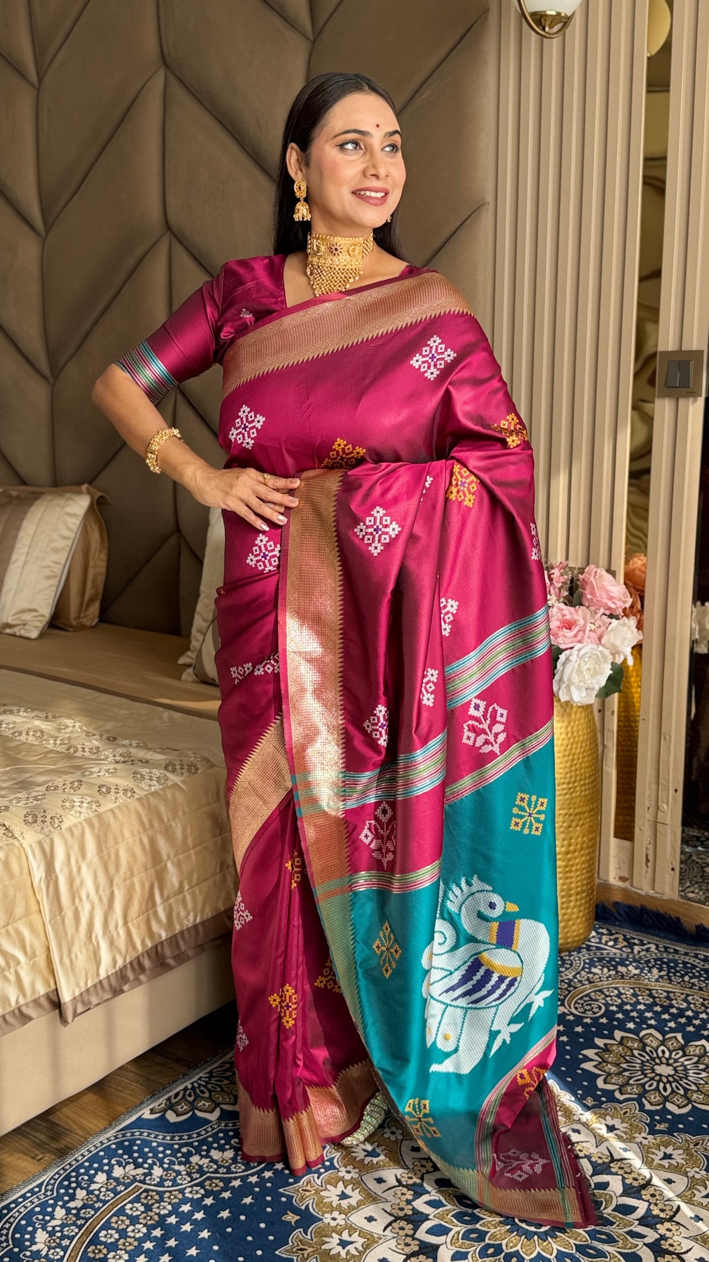 Dark Pink Soft Silk Ikkat Zari Woven Saree