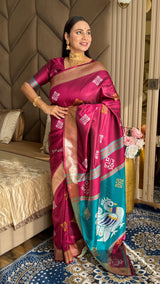 Dark Pink Soft Silk Ikkat Zari Woven Saree