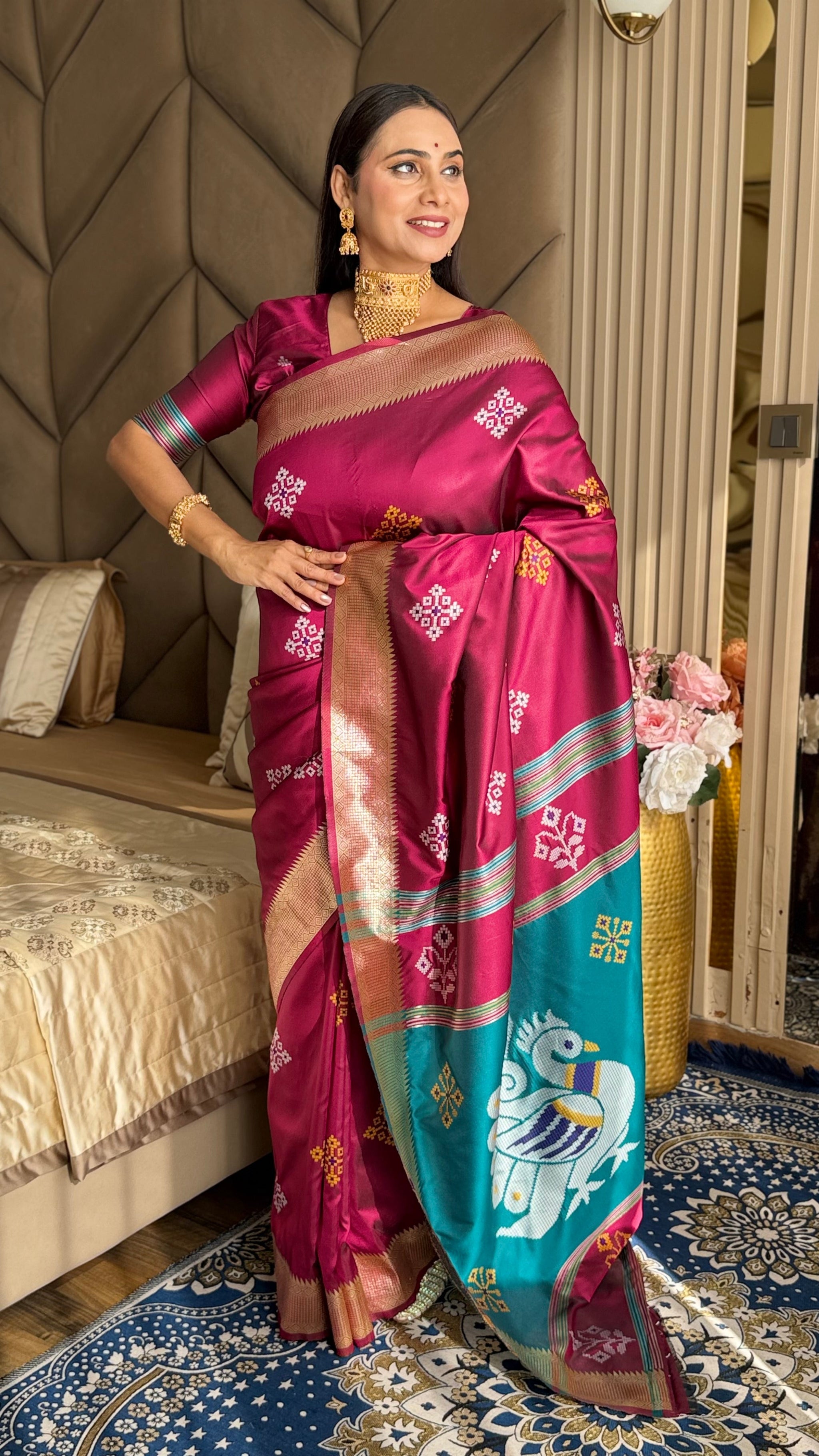 Dark Pink Soft Silk Ikkat Zari Woven Saree